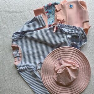 Ruffle Butts Set - Blue Seersucker UPF Swim 6-12 M w/ Hat + 2 Swim Diaper Covers